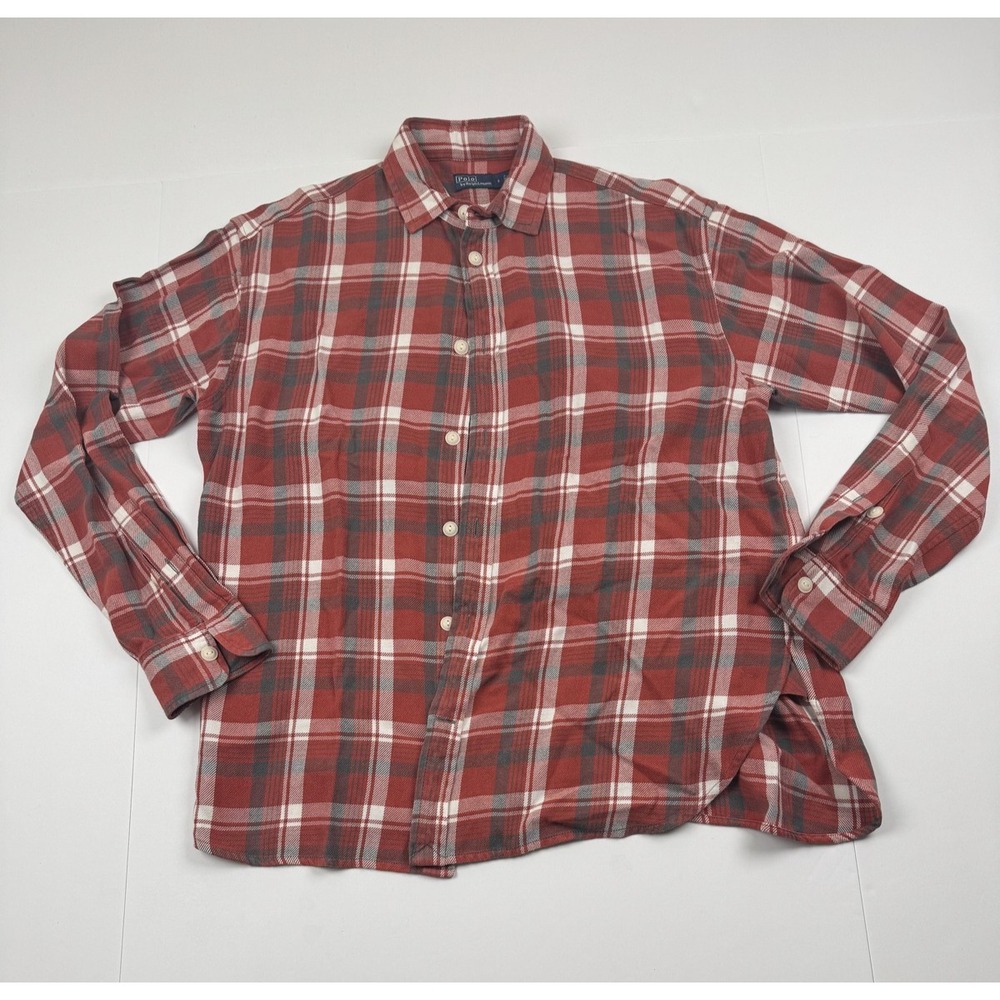 Polo Ralph Lauren Mens Large Plaid Flannel Button Down Shirt Red Gray White